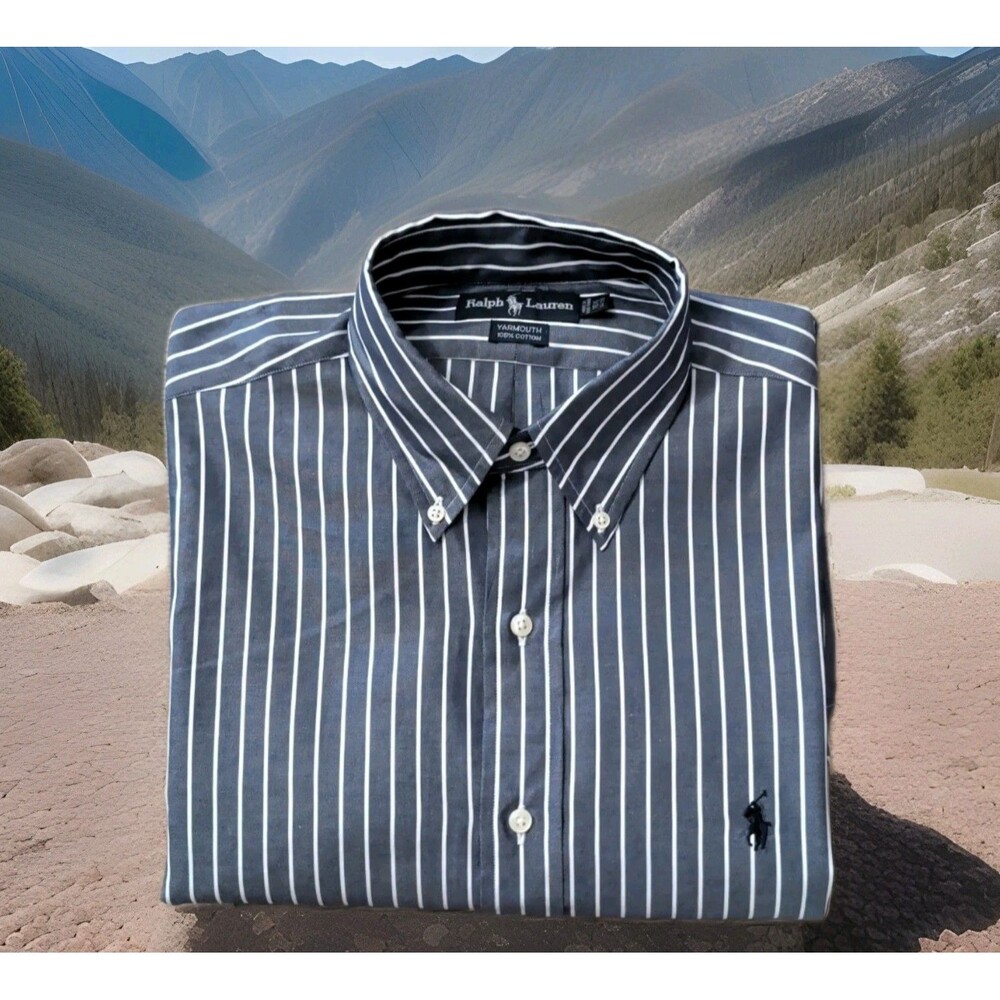 VINTAGE RALPH LAUREN BLUE/WHITE STRIPE YARMOUTH COTTON SHIRT MENS SZ 16.5-34/35